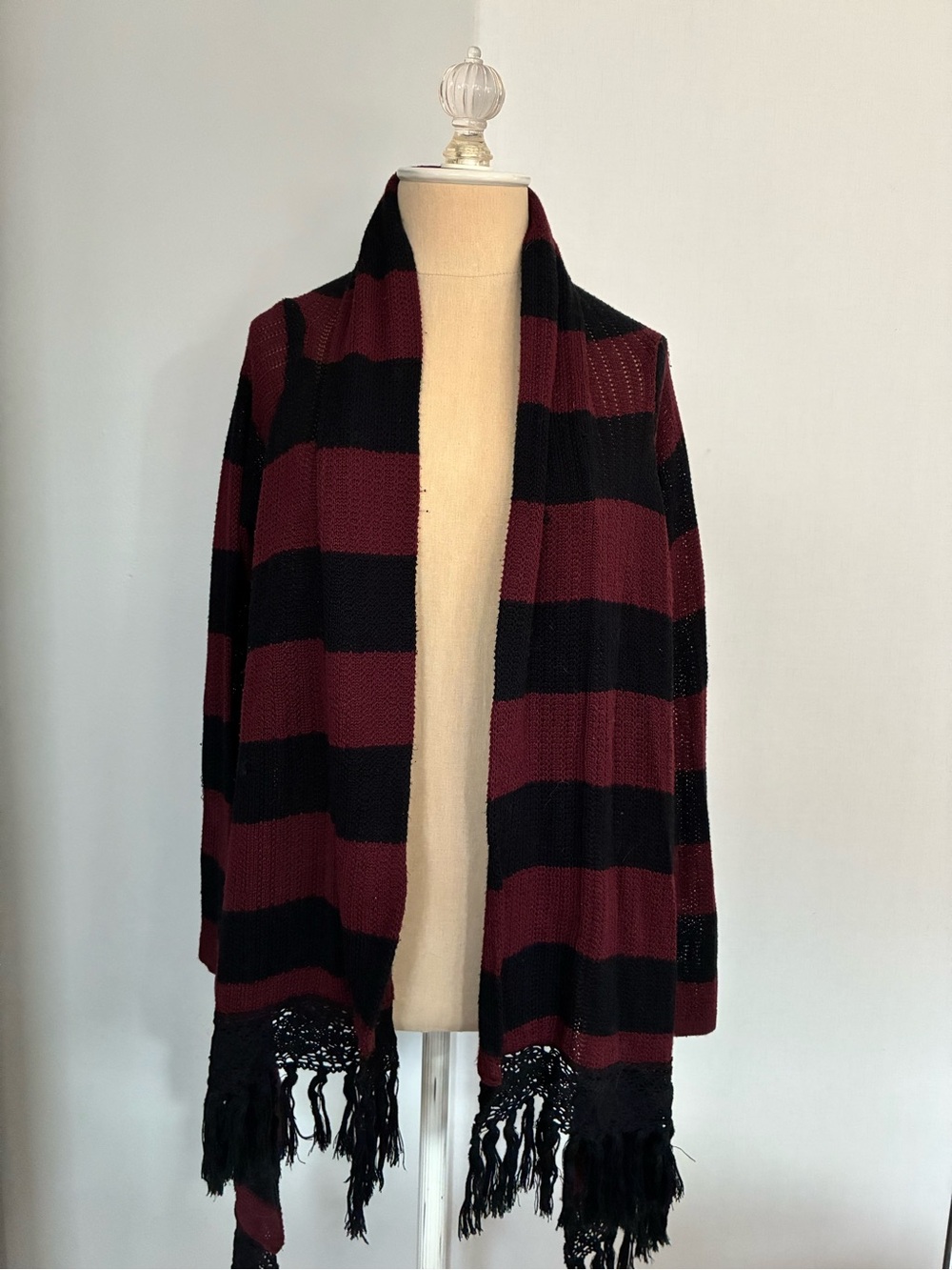 O'Neill Burgundy & Black Striped Open-Front Fringe Cardigan